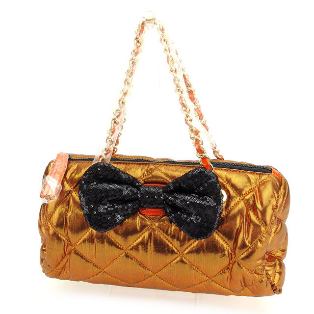 【BIGお買い物ラリー★30%OFFセール中】サマンサベガ Samantha Vega ハンドバッグキルティング スパンコールリボン付き メタリックオレンジ×ブラック×ゴールド レディース 中古
