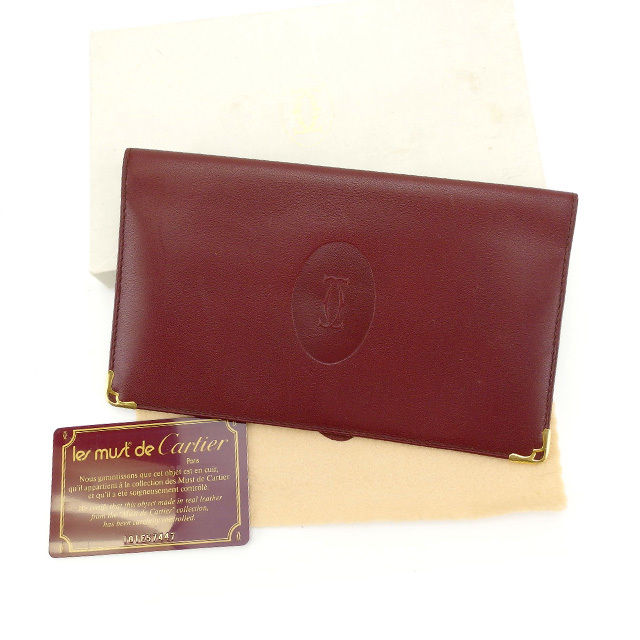 【BIGお買い物ラリー★30%OFFセール中】カルティエ CARTIER 札入れマストライン 角プレート付き ボルドー×ゴールド レディース 中古