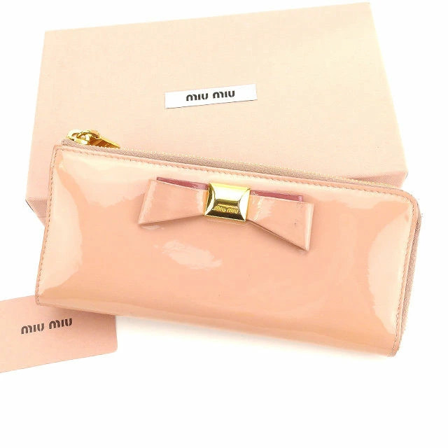 【BIGお買い物ラリー★30%OFFセール中】ミュウミュウ MIUMIU 長財布リボンモチーフ ピンク×ゴールド レディース 中古