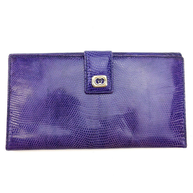 【BIGお買い物ラリー★30%OFFセール中】グッチ GUCCI 長財布リザード調 インターロッキングG パープル×シルバー×ゴールド レディース 中古