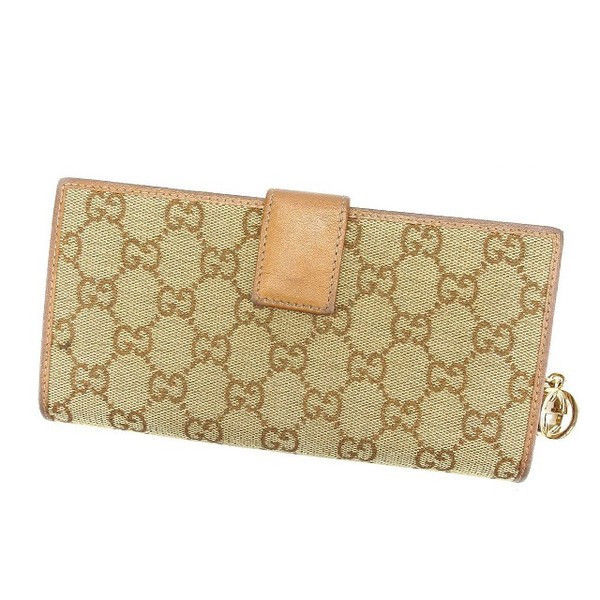 【BIGお買い物ラリー★30%OFFセール中】グッチ GUCCI 長財布ＧＧキャンバス ダブルGチャーム付き ベージュ×ブロンズ×ゴールド レディース 中古
