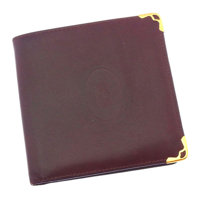 【BIGお買い物ラリー★30%OFFセール中】カルティエ CARTIER 二つ折り財布マストライン 角プレート付き ボルドー×ゴールド レディース 中古