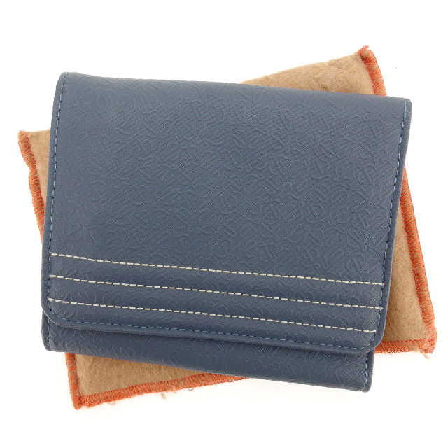 【BIGお買い物ラリー★30%OFFセール中】ロエベ LOEWE 三つ折り財布アナグラム柄 ステッチライン入り ネイビー×グレー×シルバー レディース 中古