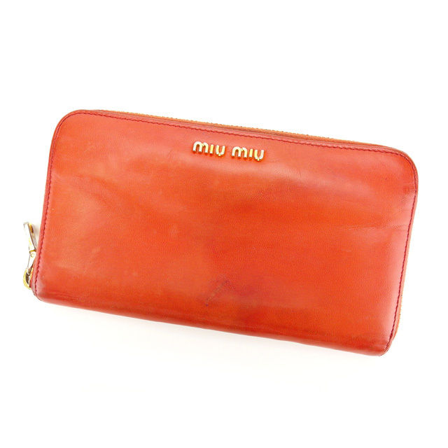 【BIGお買い物ラリー★30%OFFセール中】ミュウミュウ MIUMIU 長財布ロゴ レッド×ゴールド×パープル レディース 中古