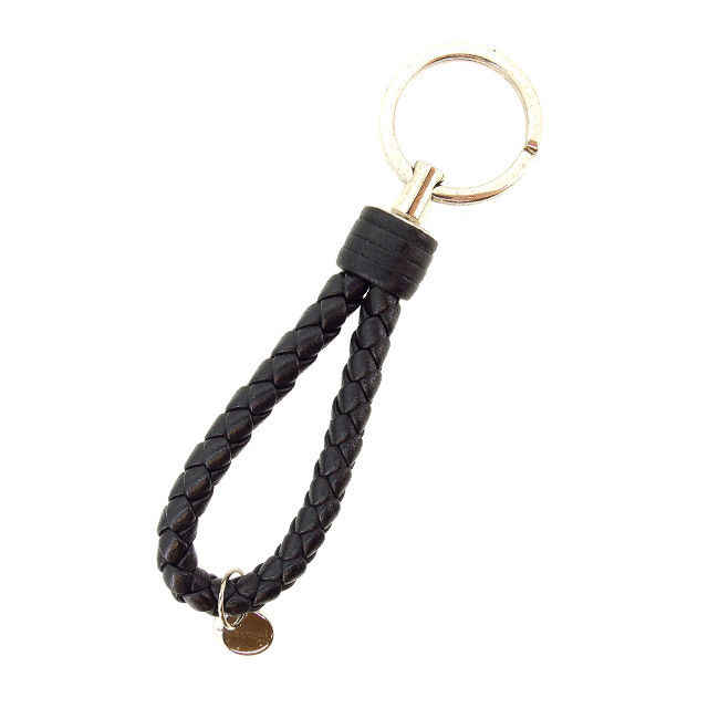 【X'masセール★30%OFF】ボッテガヴェネタ BOTTEGAVENETA キーリングイントレチャート ロゴチャーム付き ブラック×シルバー レディース 中古