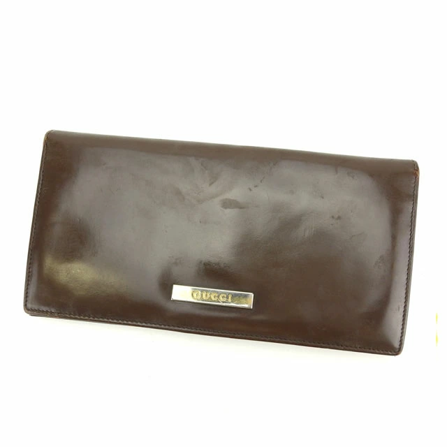 【BIGお買い物ラリー★30%OFFセール中】グッチ GUCCI 長財布ロゴプレート ブラウン×ゴールド レディース 中古