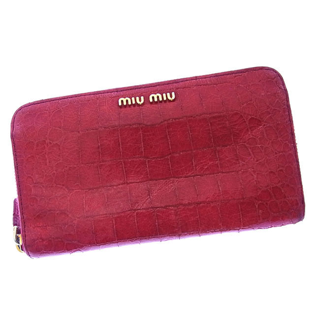 【BIGお買い物ラリー★30%OFFセール中】ミュウミュウ MIUMIU 長財布クロコダイル調 ロゴ入り レッド×ゴールド レディース 中古