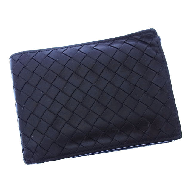 【BIGお買い物ラリー★30%OFFセール中】ボッテガヴェネタ BOTTEGAVENETA 二つ折り財布イントレチャート ブラック レディース 中古