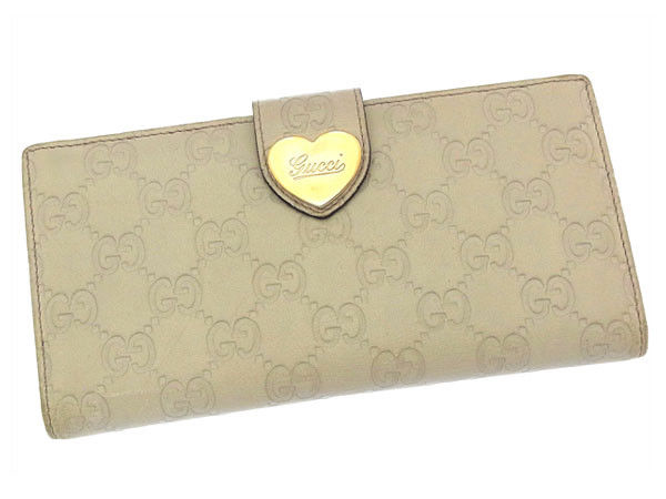 【BIGお買い物ラリー★30%OFFセール中】グッチ GUCCI 長財布グッチシマ ハートプレート付き ベージュ×ゴールド レディース 中古