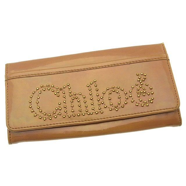 【BIGお買い物ラリー★30%OFFセール中】クロエ Chloe 長財布ロゴスタッズ ライトブラウン×ゴールド レディース 中古