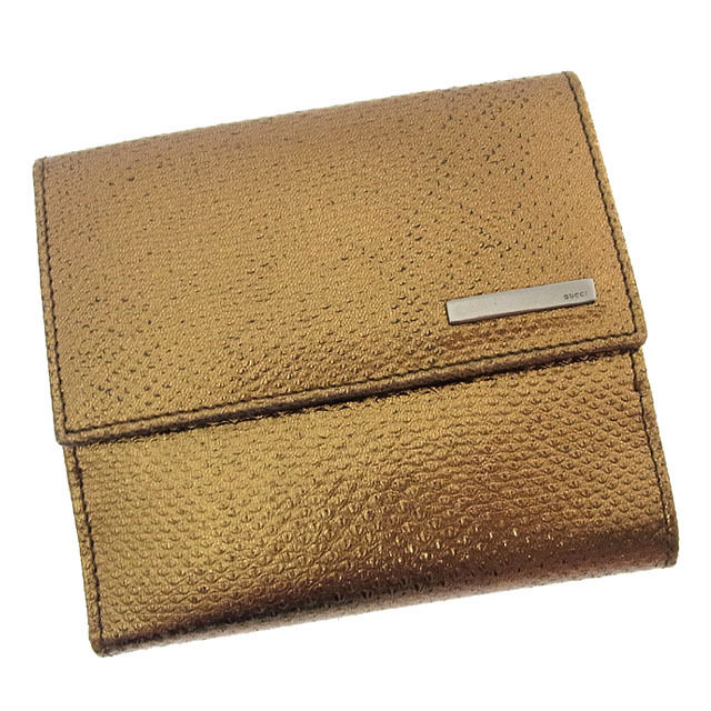 【BIGお買い物ラリー★30%OFFセール中】グッチ GUCCI 二つ折り財布リザード調 ロゴプレート付き ゴールド×ブラックシルバー レディース 中古