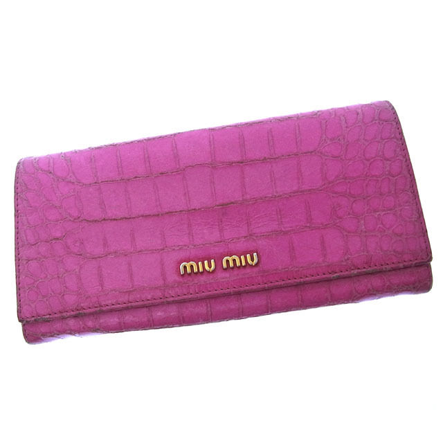 【BIGお買い物ラリー★30%OFFセール中】ミュウミュウ MIUMIU 長財布クロコダイル調 ロゴ入り ピンク×ゴールド レディース 中古