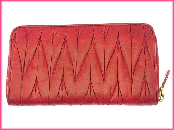 【GWタイムセール】ミュウミュウ MIUMIU 長財布マテラッセ ロゴ入り レッド×ゴールド レディース 中古_1