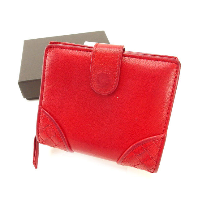 【BIGお買い物ラリー★30%OFFセール中】ボッテガヴェネタ BOTTEGAVENETA 二つ折り財布イントレチャート レッド レディース 中古