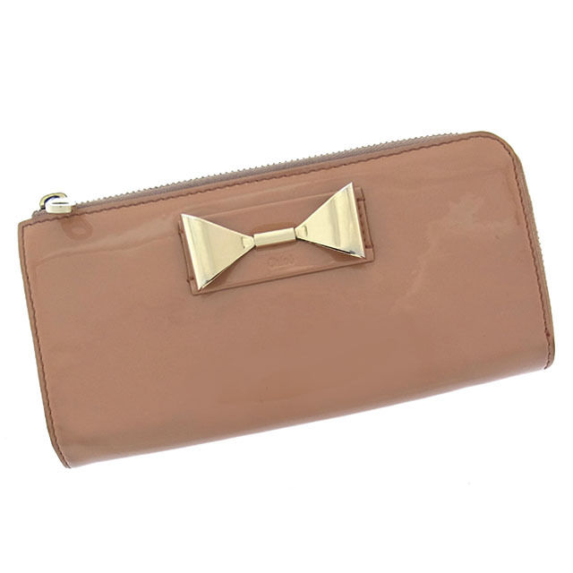 【BIGお買い物ラリー★30%OFFセール中】クロエ Chloe 長財布メタルリボン付き ベージュ×ゴールド×ボルドー レディース 中古