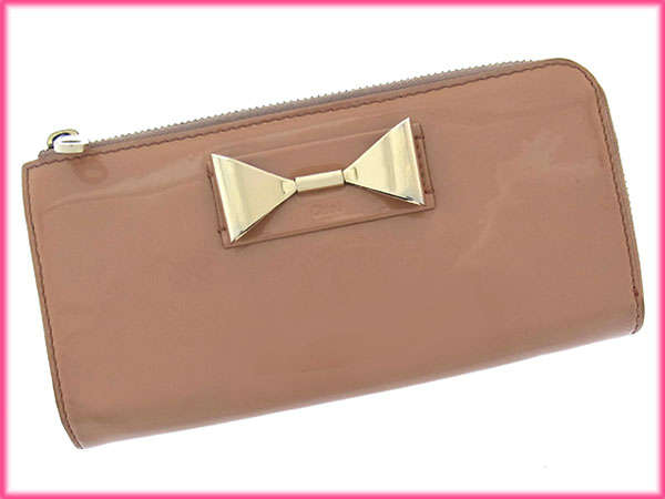 クロエ Chloe 長財布メタルリボン付き ベージュ×ゴールド×ボルドー レディース 中古_1