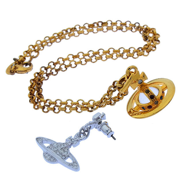 【30％OFF★週末タイムセール】ヴィヴィアンウエストウッド Vivienne Westwood ネックレスオーブ 2点セット ラインストーン付き ゴールド＆シルバー系 レディース 中古