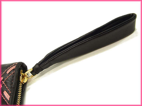 ミュウミュウ MIUMIU クラッチバッグキルティングステッチ ロゴ入り ストラップ付き ブラック×ピンク×ゴールド レディース 中古_6