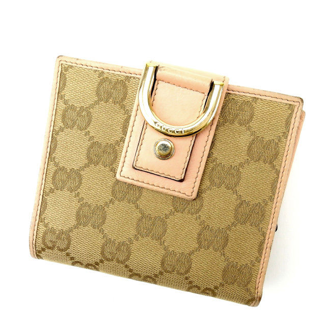 【BIGお買い物ラリー★30%OFFセール中】グッチ GUCCI 二つ折り財布ＧＧキャンバス ピンク×ベージュ レディース 中古
