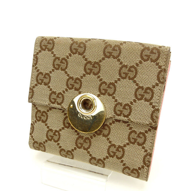 【BIGお買い物ラリー★30%OFFセール中】グッチ GUCCI 二つ折り財布ＧＧキャンバス ピンク×ベージュ レディース 中古
