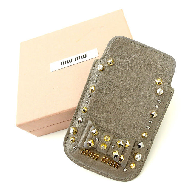 ミュウミュウ MIUMIU iPhoneケーススタッズ リボンモチーフ付き シルバー レディース 中古