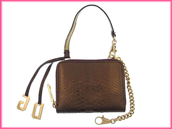 【GWタイムセール】ドルチェアンドガッバーナ DOLCE&GABBANA コインケースパイソン調 チェーンウォレット メタリックブラウン×ゴールド レディース 中古_1