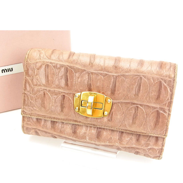 【BIGお買い物ラリー★30%OFFセール中】ミュウミュウ MIUMIU 三つ折り財布クロコダイル型押し ピンク レディース 中古