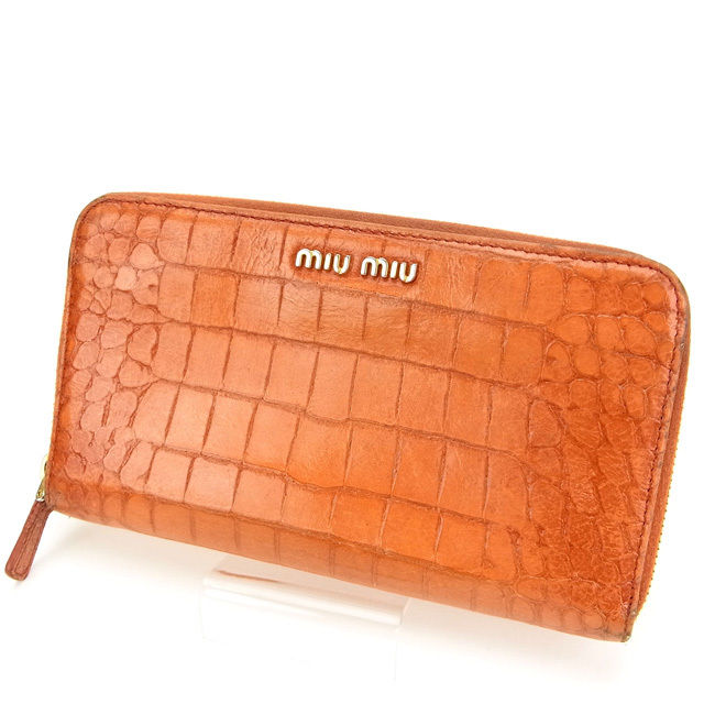 【BIGお買い物ラリー★30%OFFセール中】ミュウミュウ MIUMIU 長財布クロコダイル型押し オレンジ レディース 中古