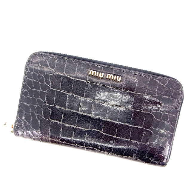 【X'masセール★30%OFF】ミュウミュウ MIUMIU 長財布クロコダイル型押し ブラック レディース 中古