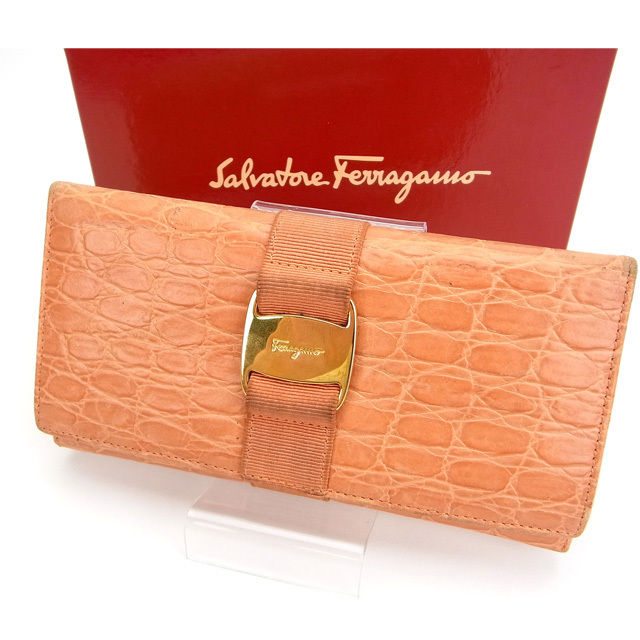 【BIGお買い物ラリー★30%OFFセール中】サルヴァトーレフェラガモ Salvatore Ferragamo 長財布ヴァラ金具 オレンジ レディース 中古