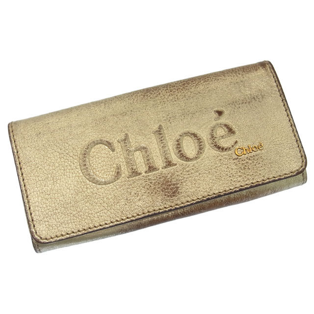 【BIGお買い物ラリー★30%OFFセール中】クロエ Chloe 長財布ロゴ シャドウリボンチャーム付き シャンパンゴールド レディース 中古