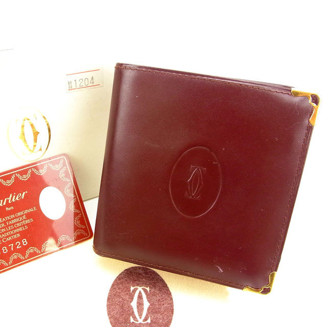 【BIGお買い物ラリー★30%OFFセール中】カルティエ CARTIER 二つ折り財布ロゴ /マストライン ボルドー×ゴールド レディース 中古