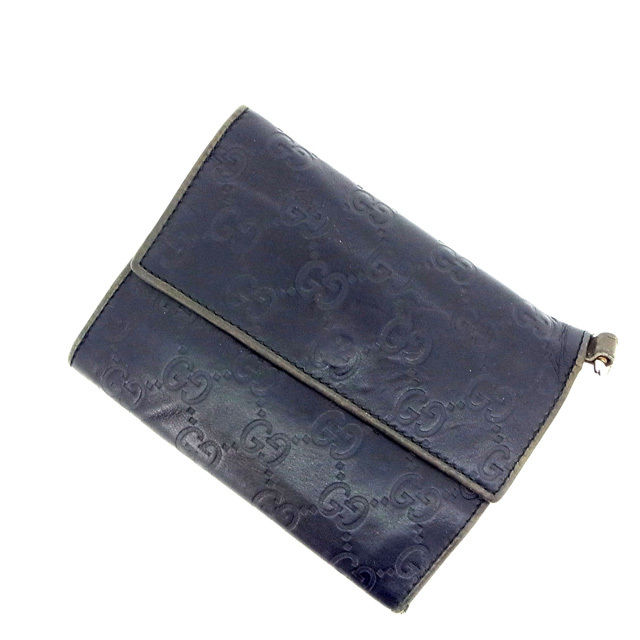 【BIGお買い物ラリー★30%OFFセール中】グッチ GUCCI 三つ折り財布グッチシマ ブラック×カーキー レディース 中古
