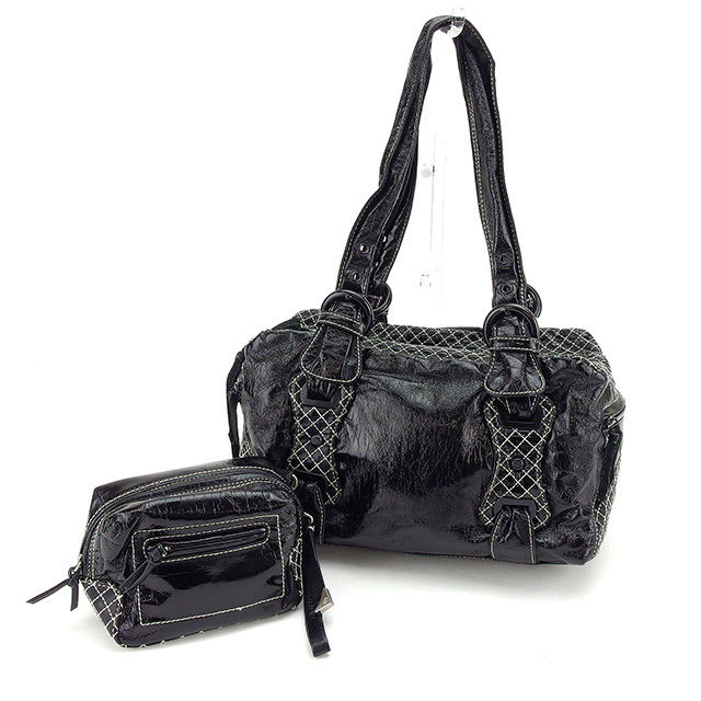 【BIGお買い物ラリー★30%OFFセール中】フランチェスコ・ビアジア FRANCESCO BIASIA ショルダーバッグステッチ入り ポーチ付き ブラック×ホワイト系 レディース 中古