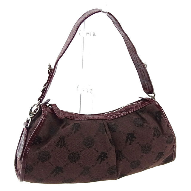 【BIGお買い物ラリー★30%OFFセール中】フォリフォリ Folli Follie ショルダーバッグロゴ クロコダイル調パイピング ブラウン×ボルドー×シルバー系 レディース 中古