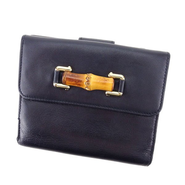 グッチ GUCCI 二つ折り財布 バンブー ブラック レディース 中古