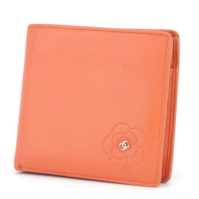 【BIGお買い物ラリー★30%OFFセール中】シャネル CHANEL 二つ折り財布カメリア ココマーク付き サーモンピンク×シルバー レディース 中古