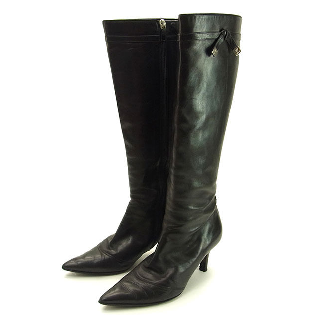 【X'masセール★30%OFF】ルイ・ヴィトン LOUIS VUITTON ブーツロゴ ♯35 ポインテッドトゥ ブラック×シルバー レディース 中古