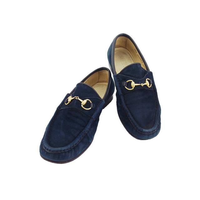 【BIGお買い物ラリー★30%OFFセール中】グッチ GUCCI ローファーホースビット ♯37ハーフC スリッポン ネイビー ゴールド レディース 中古