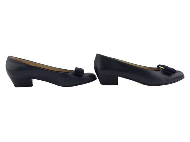 サルヴァトーレフェラガモ Salvatore Ferragamo パンプスヴァラリボン ♯5ハーフC ラウンドトゥ ネイビー ブラック ゴールド レディース 中古_6