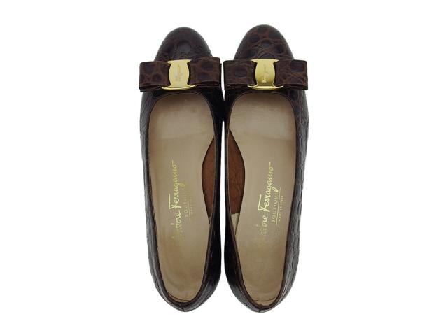 サルヴァトーレフェラガモ Salvatore Ferragamo パンプスヴァラリボン ♯6ハーフC クロコ調 ブラウン ゴールド レディース 中古_2