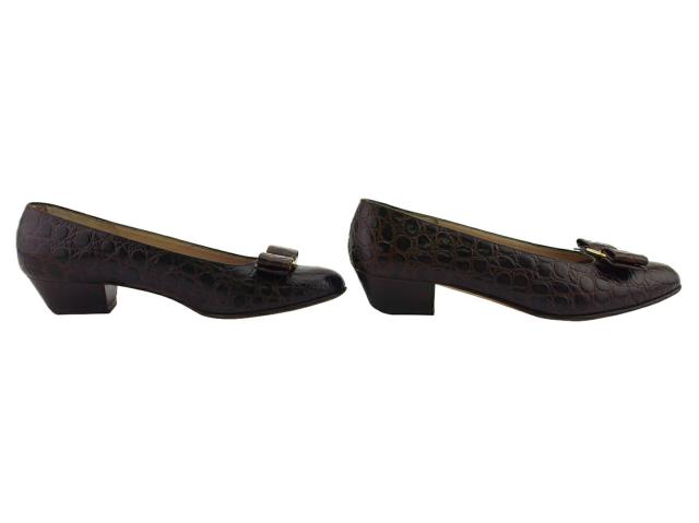サルヴァトーレフェラガモ Salvatore Ferragamo パンプスヴァラリボン ♯6ハーフC クロコ調 ブラウン ゴールド レディース 中古_6