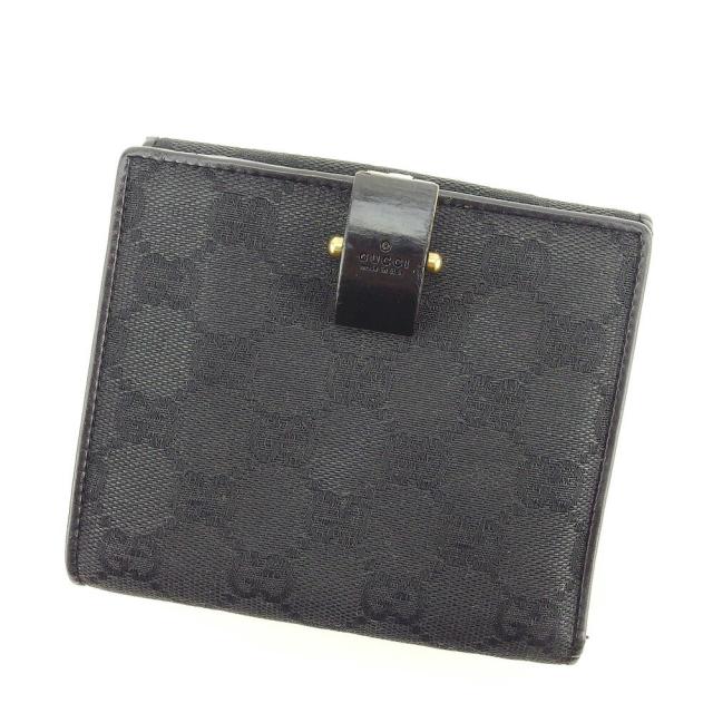 【BIGお買い物ラリー★30%OFFセール中】グッチ GUCCI 二つ折り財布ＧＧキャンバス ブラック ゴールド レディース 中古