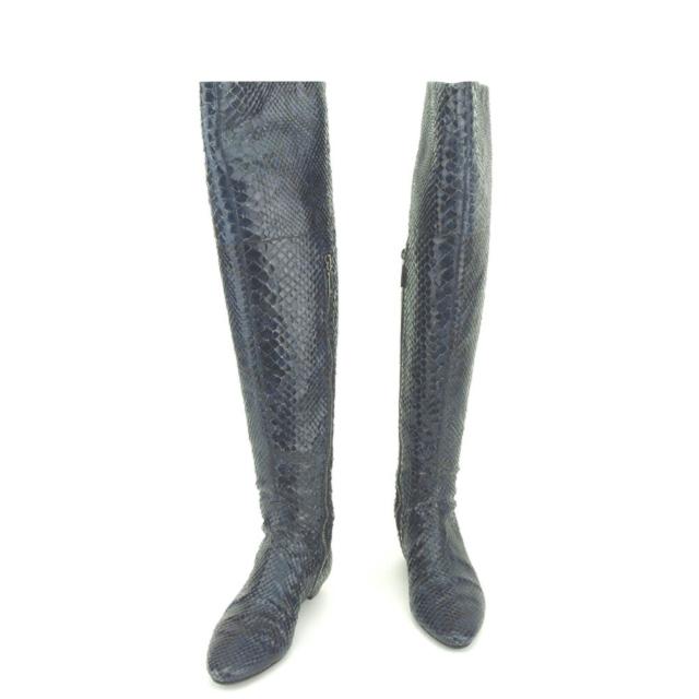【X'masセール★30%OFF】ジョルジオアルマーニ GIORGIO ARMANI ブーツパイソン ♯35 サイハイ インヒール入り ネイビー ブラック レディース 中古