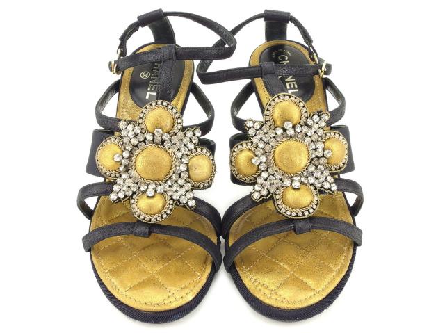 【30％OFF★週末タイムSALE】シャネル CHANEL サンダルビジュー ♯34C マトラッセ ブラック ゴールド レディース 中古