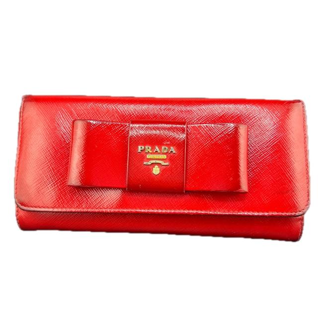 【BIGお買い物ラリー★30%OFFセール中】プラダ PRADA 長財布ファスナー付き サフィアーノ レッド/ゴールド レザー レディース 中古