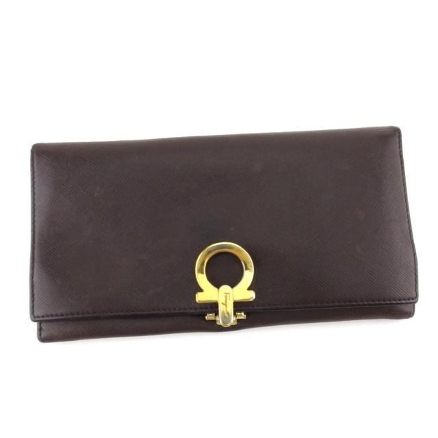 【BIGお買い物ラリー★30%OFFセール中】サルヴァトーレフェラガモ Salvatore Ferragamo 長財布ガンチーニ ブラウン ゴールド レザー 中古