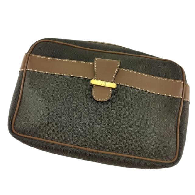 【BIGお買い物ラリー★30%OFFセール中】ダンヒル Dunhill クラッチバッグヘリンボーン グレー 灰色 ブラウン ゴールド 中古