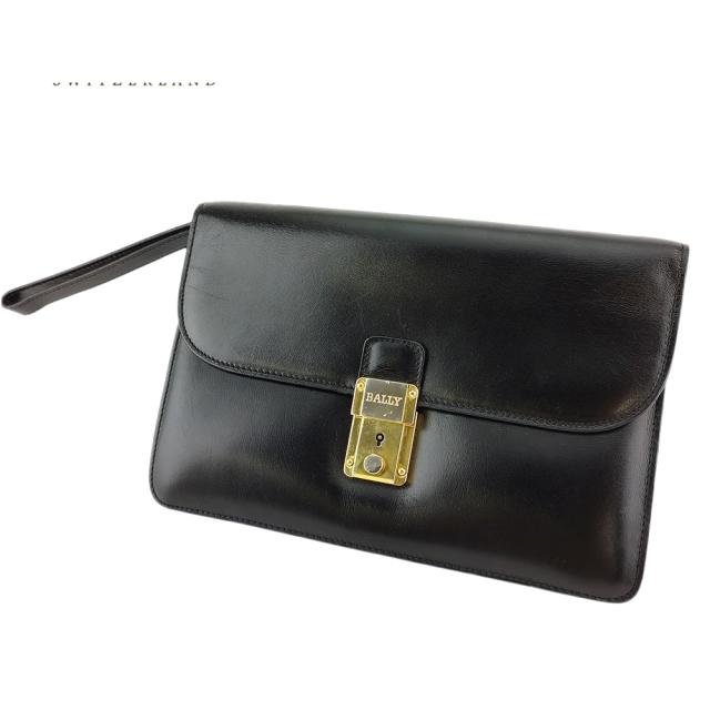 【X'masセール★30%OFF】バリー BALLY クラッチバッグロゴプレート ブラック ゴールド レザー 中古