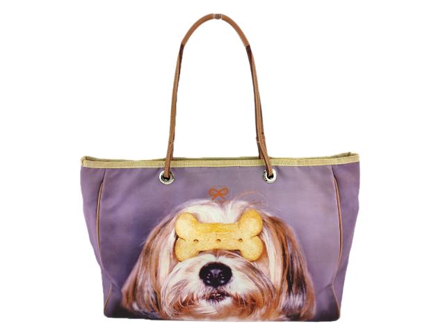 【週末タイムセール】アニヤ・ハインドマーチ Anya Hindmarch トートバッグフォトプリント ドック 犬　転写プリント パープル ベージュ ブラウン系 中古_1
